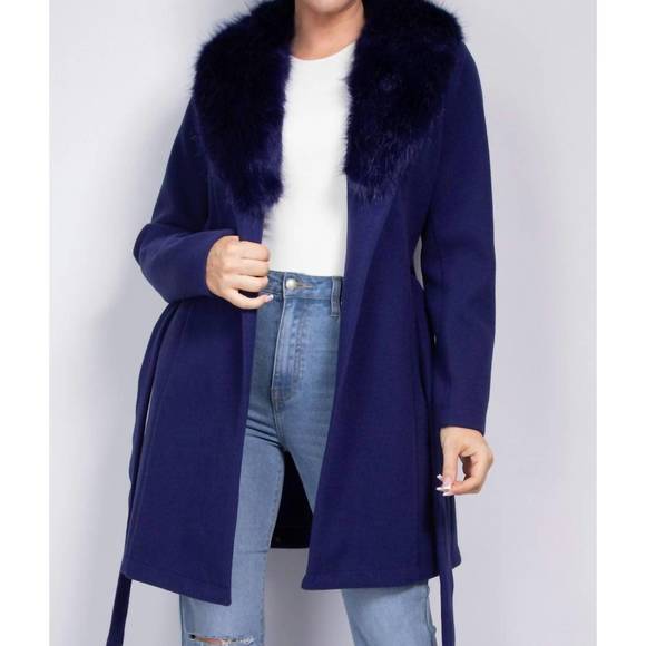 NEW HAUTE MODA furry trench coat in blue - Picture 1 of 4